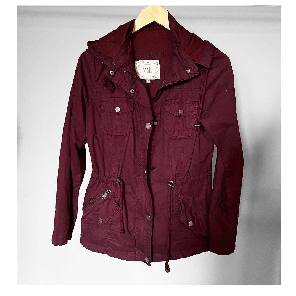 Boho Cinch Waist hooded Cotton Jacket - Burgundy/Maroon (Size Medium/8-10)